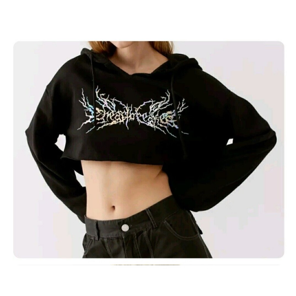 3/$25 Urban Outfitters UO Benny Heartbreaker Black Cropped Hoodie Sweatshirt Med
